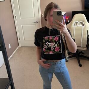 Vans Daisy Roses Floral Black Bleach Dyed Upcycled Crop Top